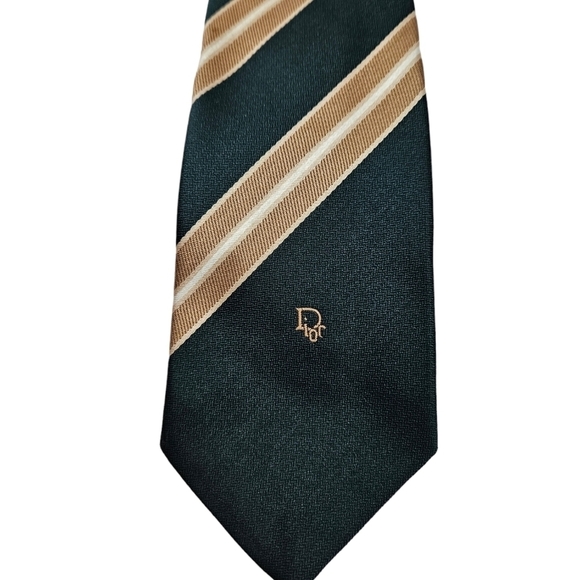 Vintage Christian Dior Dark Green & Gold Split Stripe Neck Tie Men's - Picture 2 of 10